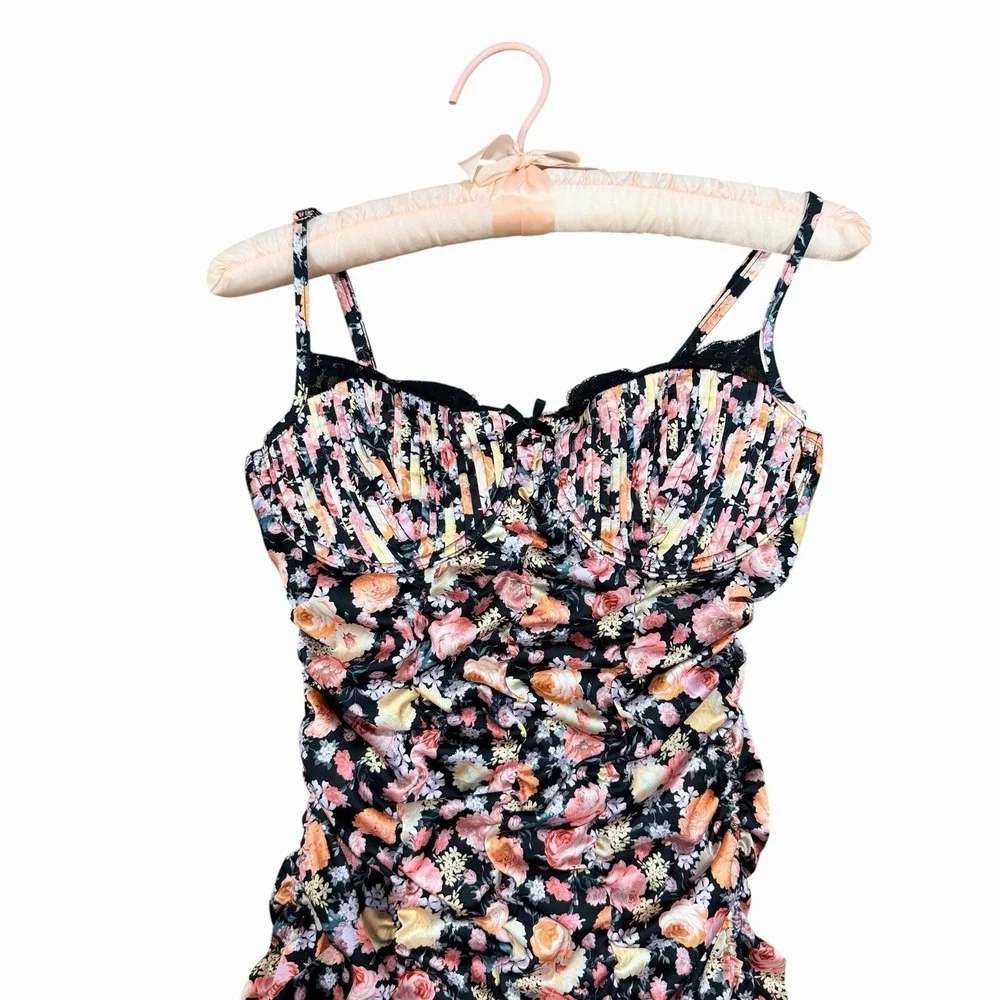 For Love & Lemons Floral Bustier Mini Dress Ruched Drawstring Women's M - Picture 2 of 11